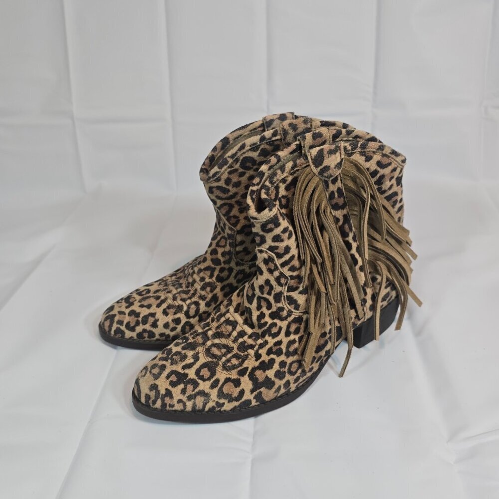 Ariat Duchess Western Bootie Women Size 4 Leopard Print Fringe Ankle Pull On